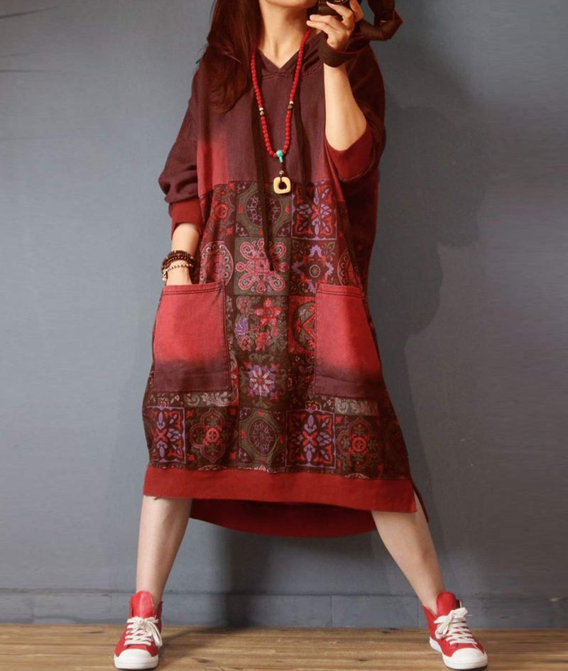 YESNO JCJ Women Casual Loose Ethnic Floral Hoodies Sweatshirts Jackets Long Sleeve/Pockets JCJ (One Size JCJTYP4 Red) - Image 2